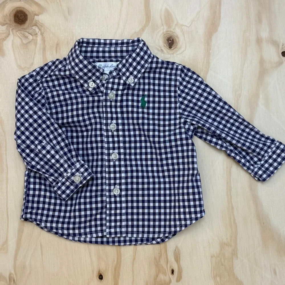 Ralph Lauren Kids Navy Gingham Button Down Shirt 3M Long Sleeve Cotton Pony Logo